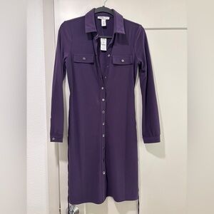 Purple Button-Down Midi Dress with Tie Waist